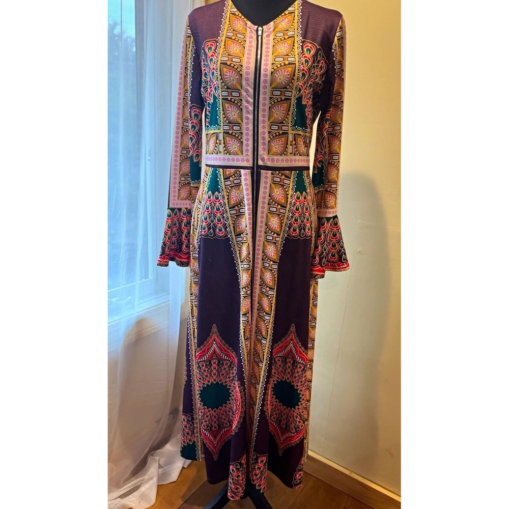 Boho Hippy Multicolor Geometric Maxi Dress V-Neck Bell Long Sleeve Full Zip M/L